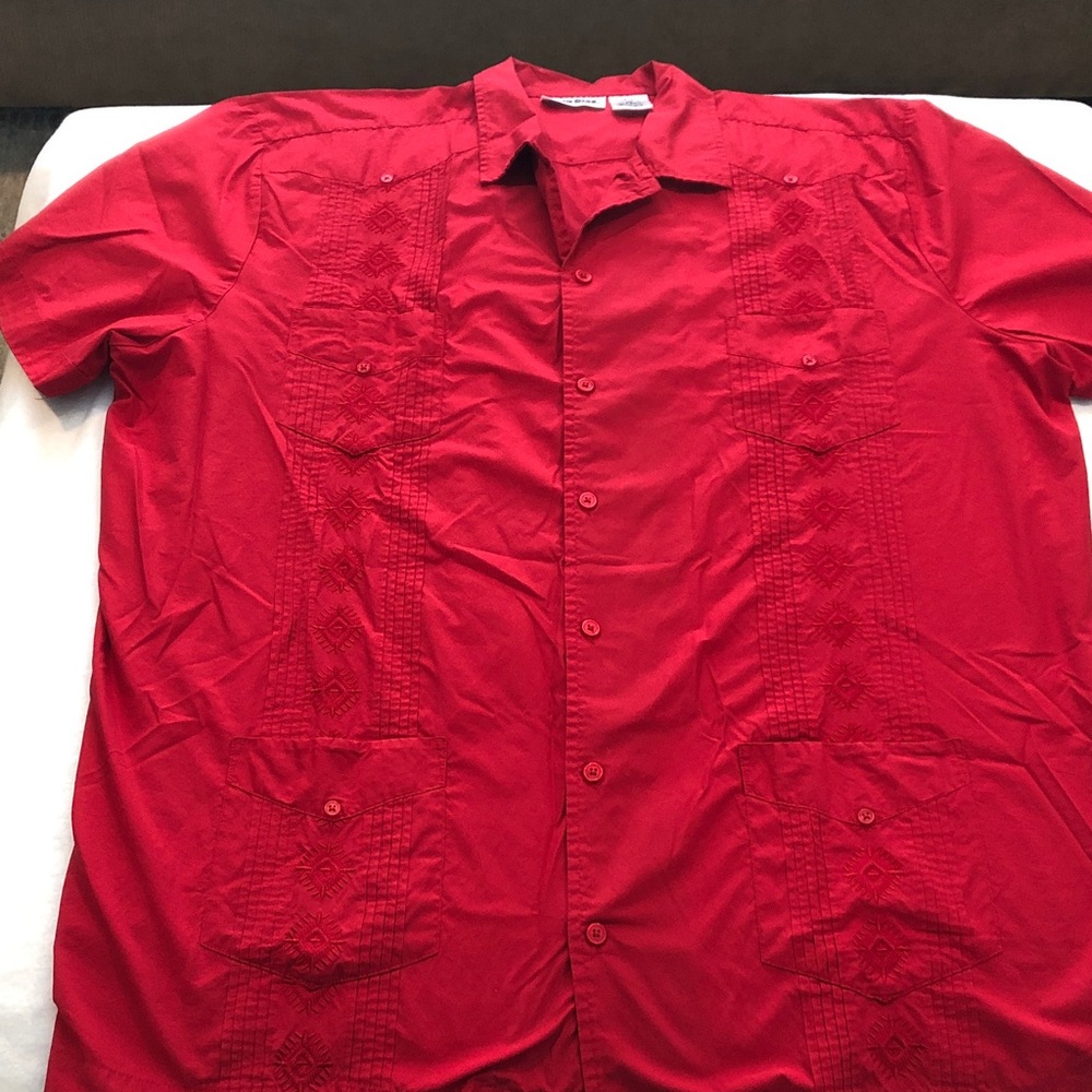 KING SIZE Brand Big & Tall Adult 3XL Red 4 Pocket Guayabera Short Sleeve Shirt
